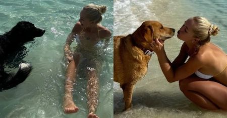 Ubrana w skąpe bikini Julia Tychoniewicz tapla się w Atlantyku z ukochanymi psami: "Najpiękniejszy dzień w życiu"