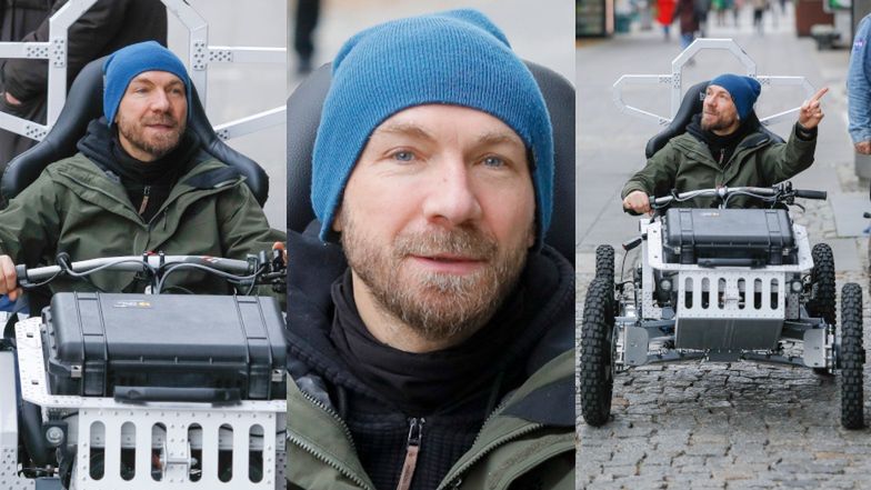 Przemysław Kossakowski zasuwa pod studiem TVN w osobliwej maszynie 