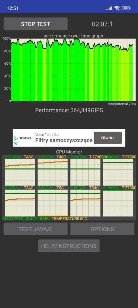 Test throttlingu. Wykresy po upłuwie 2 i 10 minut oraz po zakończeniu 25 minutowego testu.