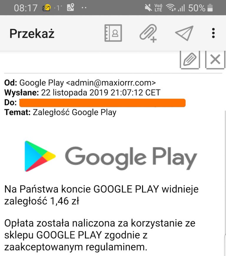 Fałszywy e-mail wzywający do uregulowania "zaległości Google Play", źródło: Niebezpiecznik.