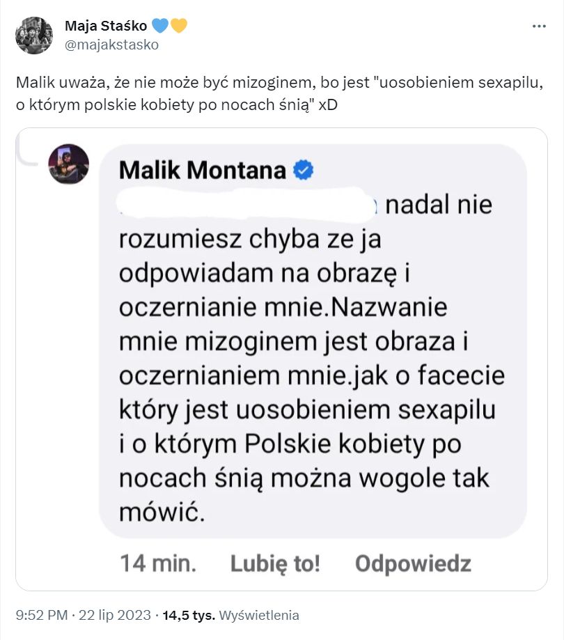 Wiadomość Malika Montany do Mai Staśko