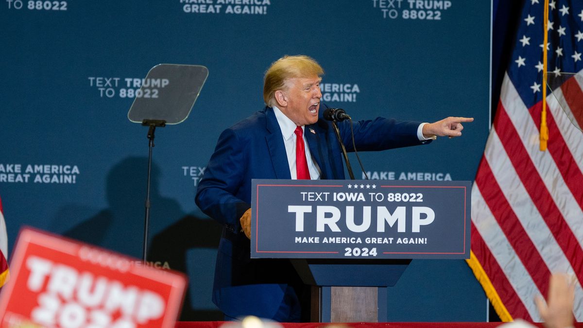 Former US President Donald Trump during a campaign rally in Mason City, Iowa, US, on Friday, Jan. 5, 2024. The US Supreme Court agreed to consider whether Colorado can bar Donald Trump from the presidential ballot, taking up a landmark constitutional and political clash stemming from his attempt to overturn the 2020 election. Photographer: KC McGinnis/Bloomberg via Getty Images
