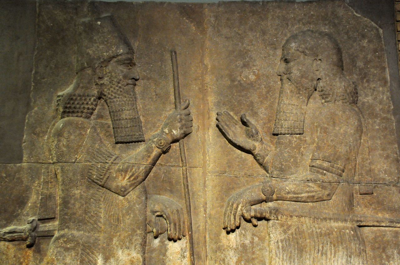 Sargon II, king of ancient Assyria with his son