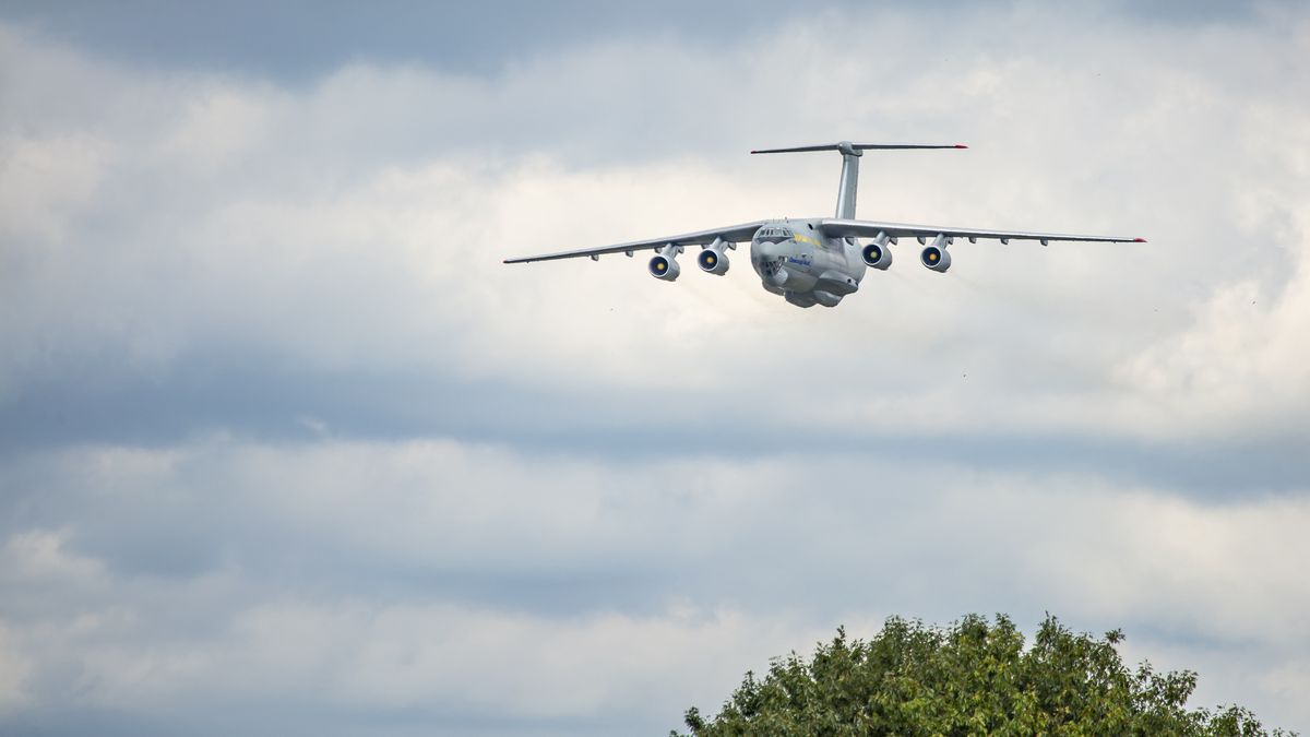 Ilyushin IL-76MD aircraft of the Ukrainian Air Force as seen flying and landing at Kleine Brogel Military Air Base EBBL airport in Belgium before the International Sanicole Airshow at Sanicole Airfield Vliegveld at Hechtel - Eksel / Leopoldsburg / Beverlo Airfield EBLE a former Belgian military airfield. UkrAF inherited he heavy transport airplane after the Soviet collapse. The Ilyushin Il-76 has the registration 76683, NATO type name Candid. It is a multi-purpose, fixed-wing, four-engine turbofan strategic airlifter designed by the Soviet Union's Ilyushin design bureau. Kleine Brogel, Belgium on September 2019 (Photo by Nicolas Economou/NurPhoto via Getty Images)