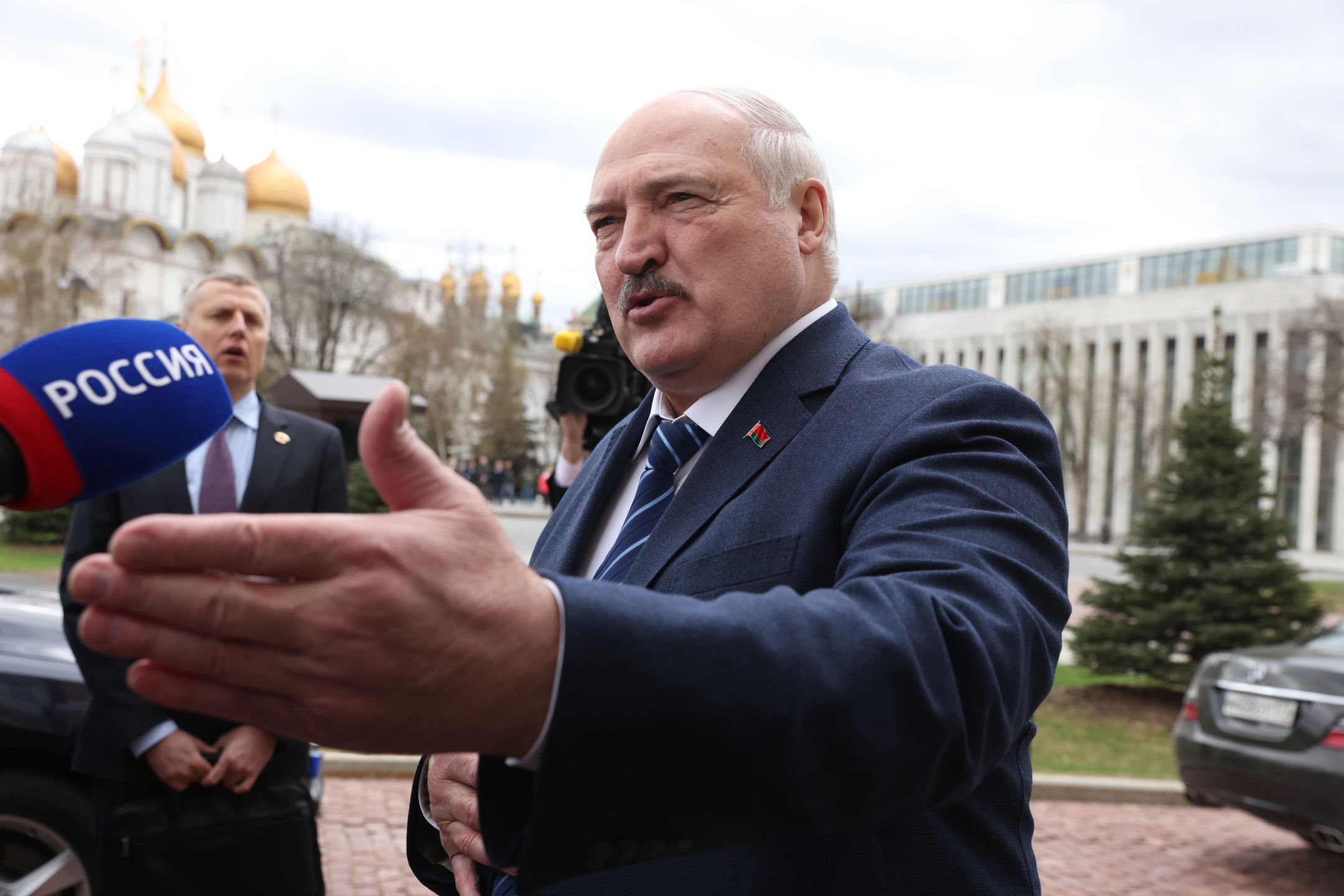 MOSCOW, RUSSIA - APRIL 12 (RUSSIA OUT) Belarussian President Alexander Lukashenko speaks to journalists while arriving to the talks with Vladimir Putin at the Kremlin on April 12, 2024, in Moscow, Russia. Preisdent of Belarus Lukashenko is on a two-day trip to Russia. (Photo by Contributor/Getty Images)
