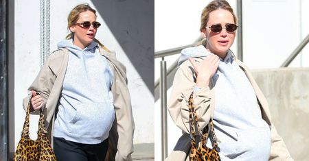 Jennifer Lawrence w zaawansowanej CIĄŻY spaceruje, dzierżąc w dłoni oryginalną torebkę