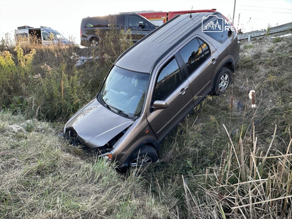 Samochód osobowy w kolorze brązowym w rowie, otoczony wysoką trawą i krzewami, z uszkodzoną maską.