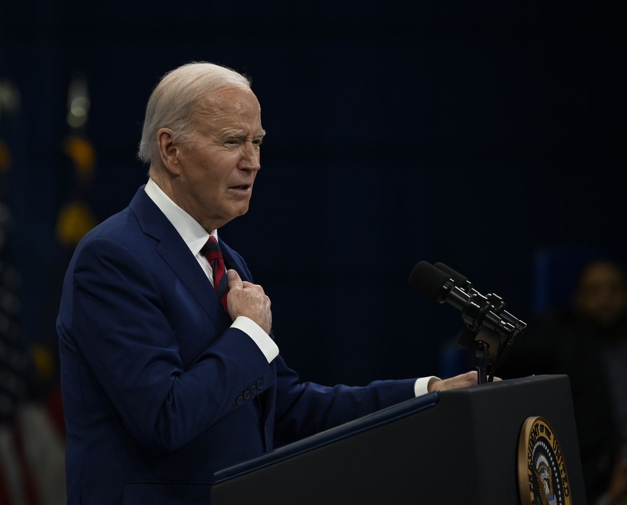 RALEIGH, USA - MARCH 26: US President Joe Biden along with vice president Kamala Harris (not seen) and North Carolina governor Roy Cooper (not seen) delivers remarks about healthcare in Raleigh, North Carolina, United States on March 26, 2024. (Photo by Peter Zay/Anadolu via Getty Images)