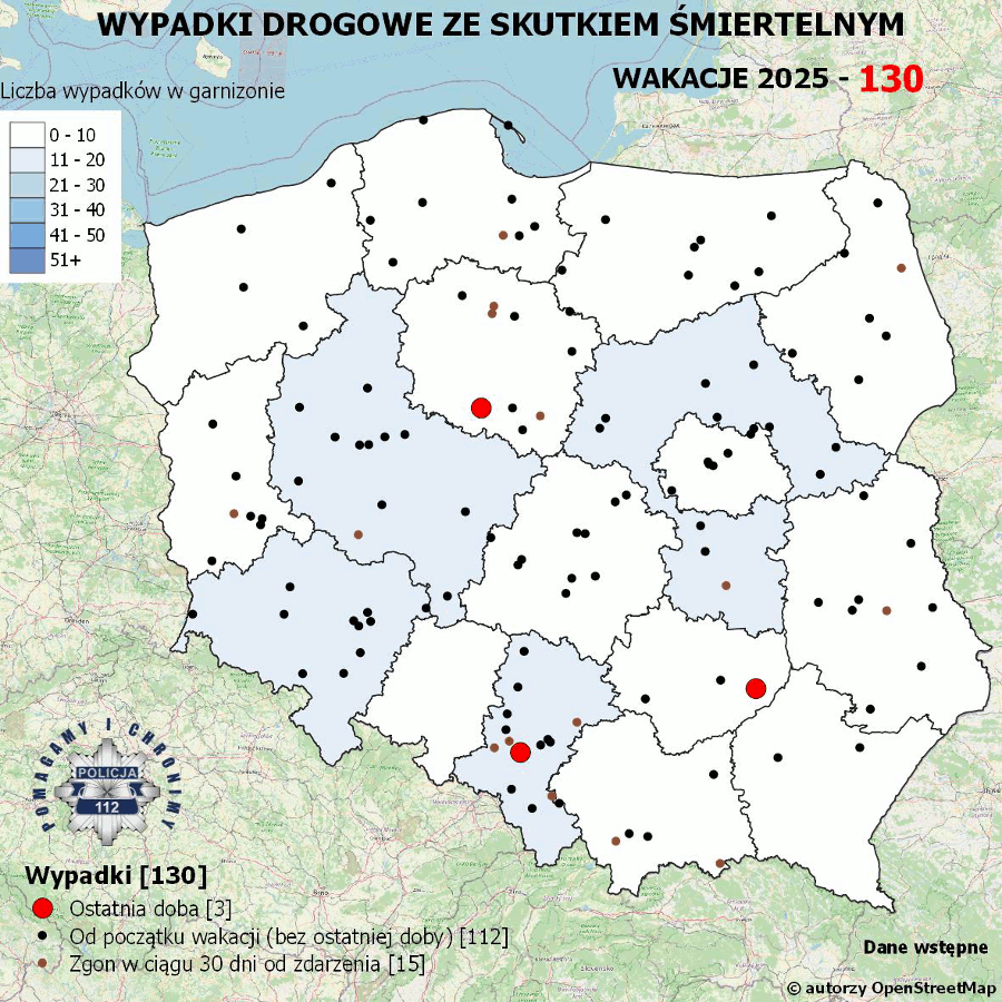 Mapa przedstawiająca wypadki drogowe ze skutkiem śmiertelnym w Polsce w czasie wakacji 2025.