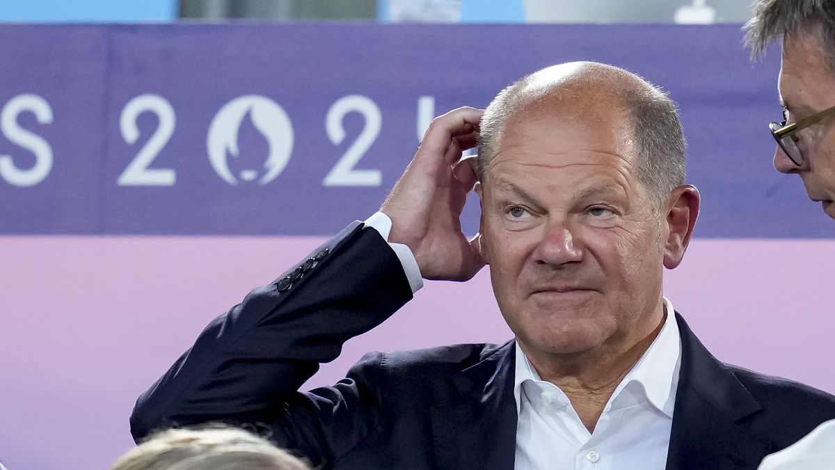 German Chancellor Olaf Scholz looks on after the Men's Hockey Final match between Germany and Netherlands on Day 13 of the Olympic Games Paris 2024 at Yves-du-Manoir Stadium on August 8, 2024 in Colombes, France. (Photo by Alex Gottschalk/DeFodi Images via Getty Images)