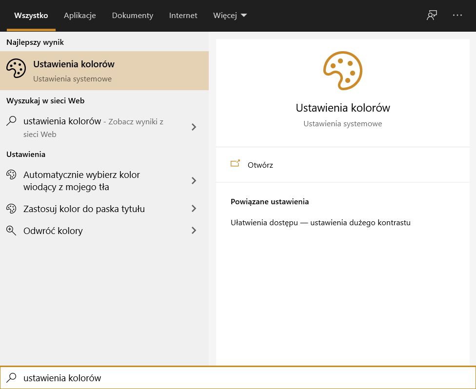 Wyszukiwarka w Windows 10 2004 (przy włączonym ciemnym motywie), fot. Oskar Ziomek.