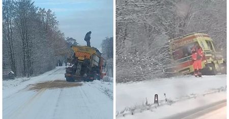 Wypadki na zaśnieżonej drodze. Pojazdy wpadły do rowu