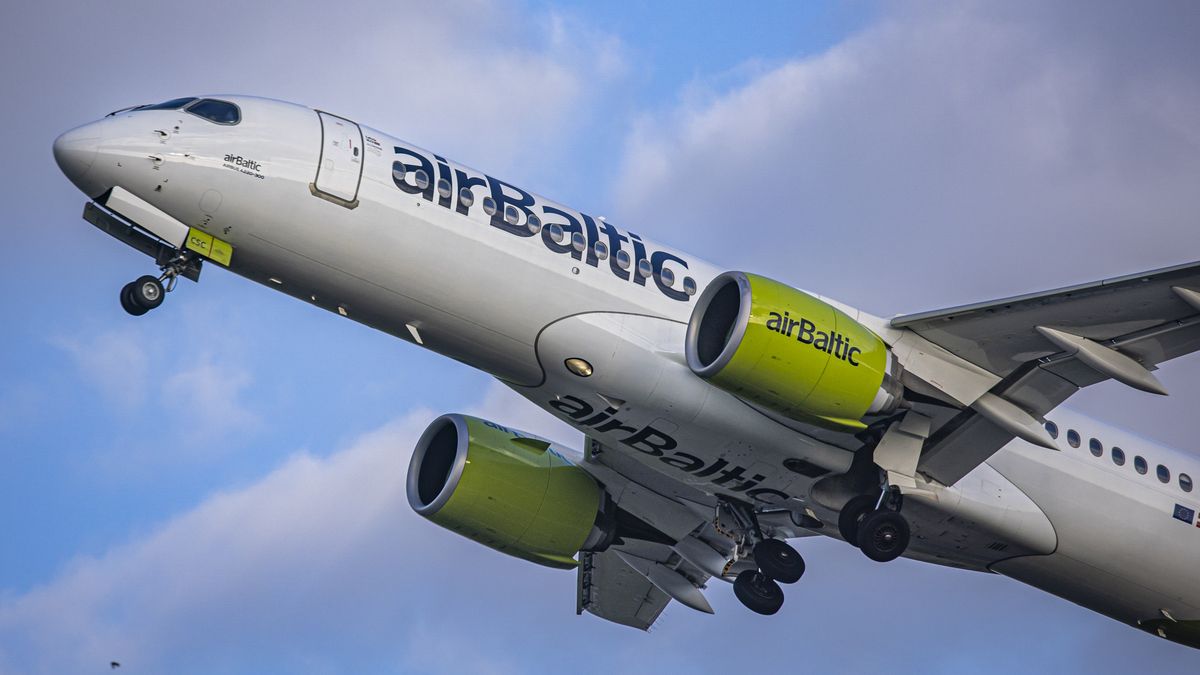 Air Baltic Airbus A220-300 the former Bombardier CSeries CS300 BD-500 aircraft as seen departing from Amsterdam Schiphol Airport. The taking-off airplane has the registration YL-CSC and the name Aluksne. airBaltic is the flag carrier of Latvia and connects Amsterdam to Riga, Tallinn, Tampere and Vilnius. The passenger traffic began rising showing significant improvement after 2 years of lockdown measures and travel restrictions due to the COVID-19 Coronavirus Pandemic. Amsterdam, the Netherlands on April 27, 2022 (Photo by Nicolas Economou/NurPhoto via Getty Images)