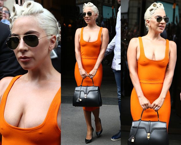 Lady Gaga i jej spłaszczone piersi wychodzą z paryskiego hotelu