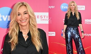 Martyna Wojciechowska i jej CEKINOWE DZWONY błyszczą na ściance festiwalu w Sopocie. Klasa? (ZDJĘCIA)