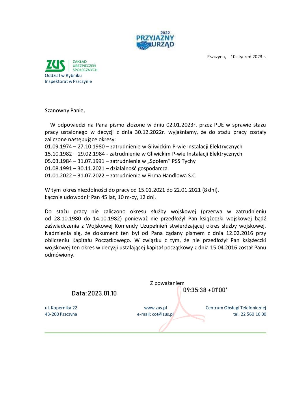 ZUS w Pszczynie odmówił panu Leszkowi wliczenia służby wojskowej do kapitału początkowego. Nasz czytelnik twierdzi, że dostarczył dokument.