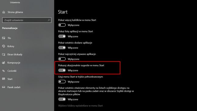 Sugestie aplikacji w Windows 10 można wyłączyć z poziomu ustawień.