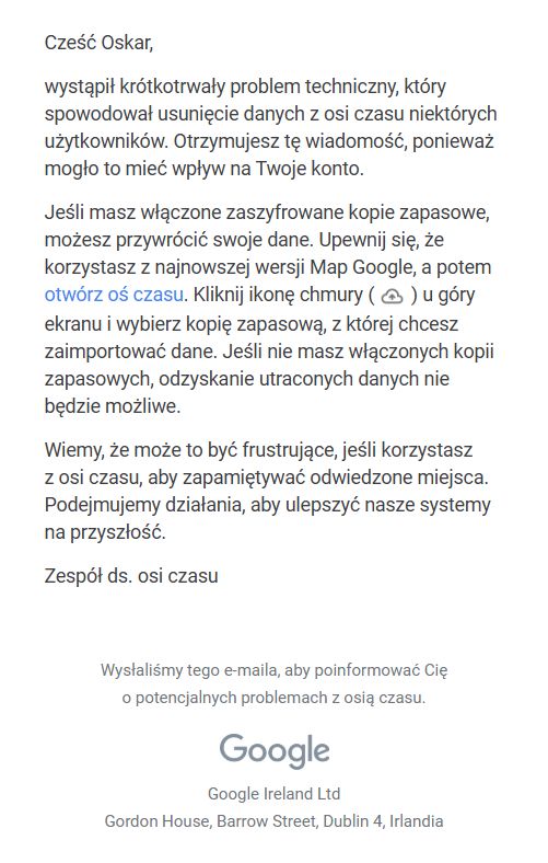 Wiadomość, która trafia do użytkowników Map Google