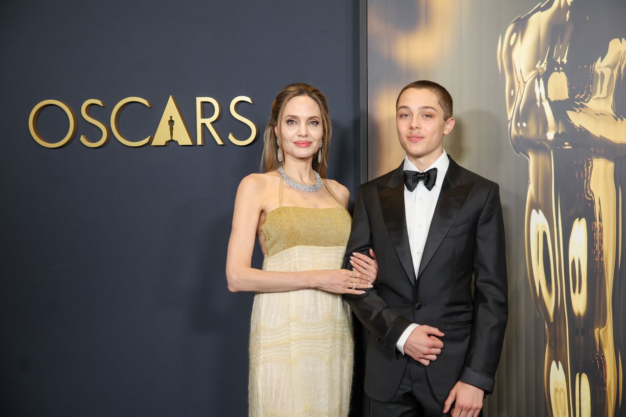 Los Angeles, CA - November 17: Angelina Jolie and her son Knox Jolie-Pitt arrives on the red carpet at the 15th annual Governor's Awards which will be eld in the Ray Dolby Ballroom in Los Angeles on Sunday, Nov. 17, 2024 in Los Angeles, CA. (Jason Armond / Los Angeles Times via Getty Images)