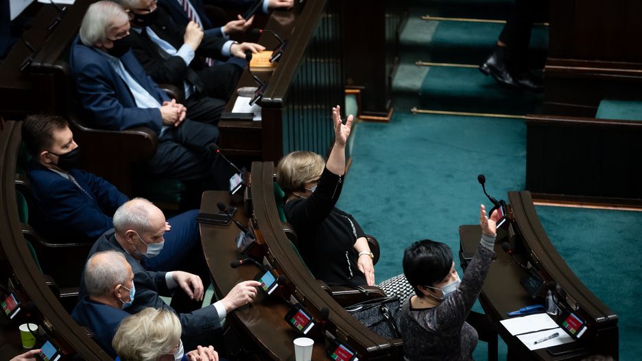 PIS voting during the 48th session of the Sejm (lower house) in Warsaw, Poland, on 8 February 2022 (Photo by Mateusz Wlodarczyk/NurPhoto via Getty Images)