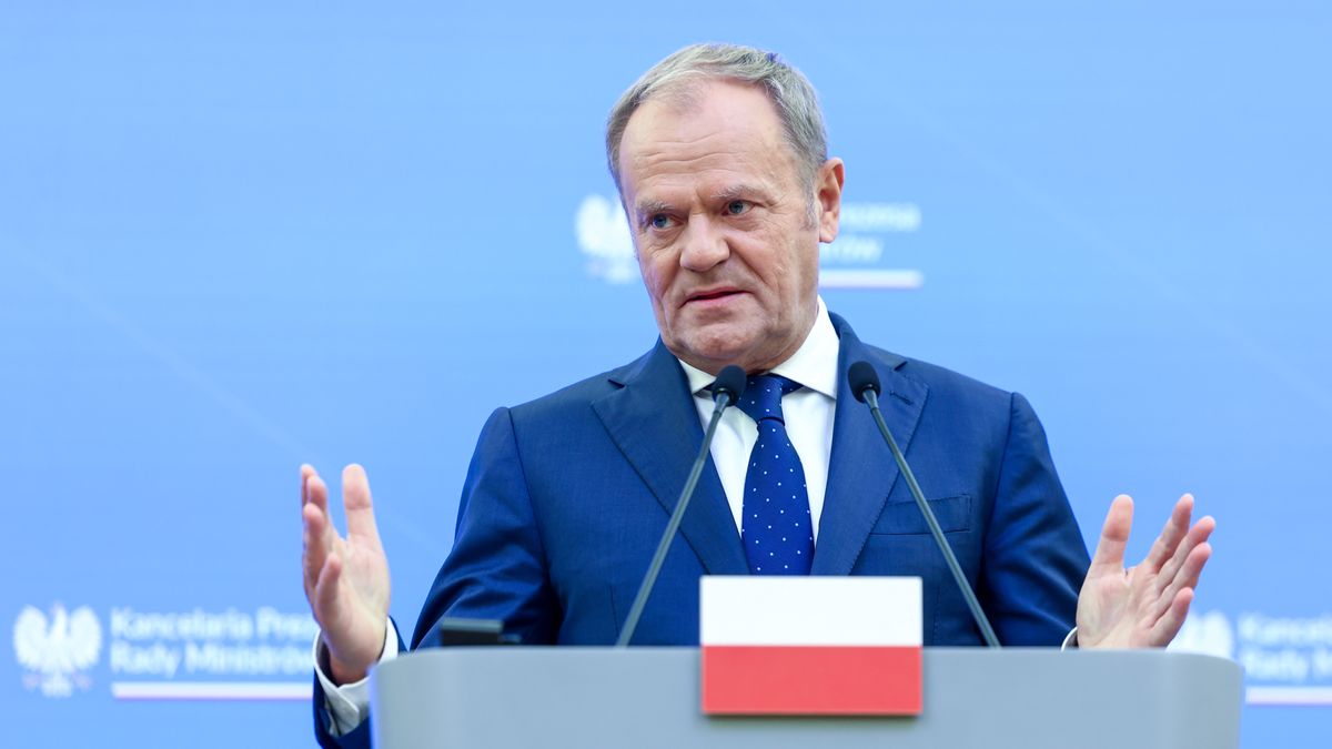 Polish Prime Minister Donald Tusk during press conference in Warsaw, Poland on October 7, 2025 (Photo by Foto Olimpik/NurPhoto via Getty Images)