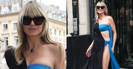 50-letnia Heidi Klum prezentuje wdzięki w bardzo odważnej sukni na paryskim Fashion Weeku. Udany "look"? (ZDJĘCIA)