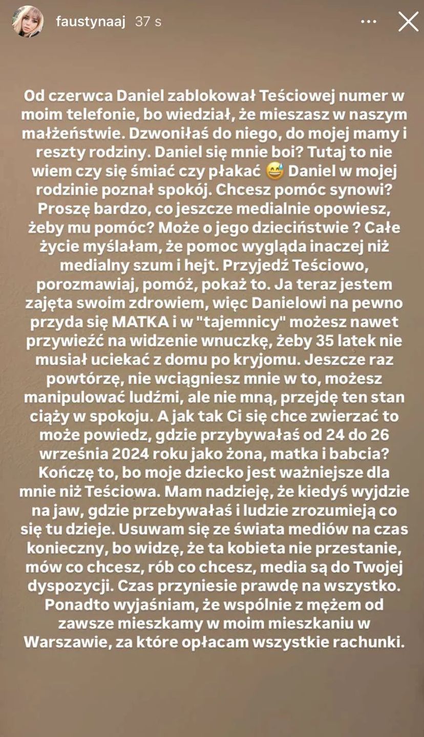 Wpis Faustyny Martyniuk na Instagramie