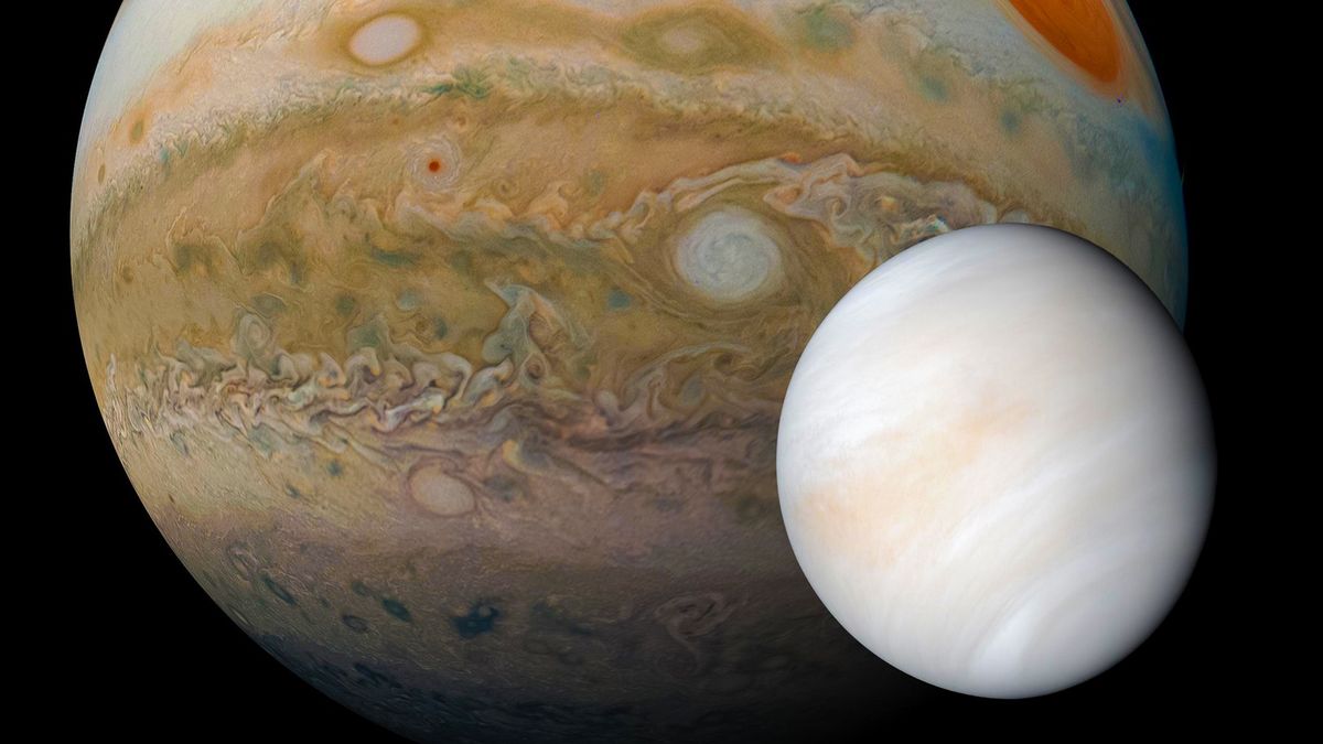 Jowisz i Wenus. Skala rozmiarów nie zachowana.