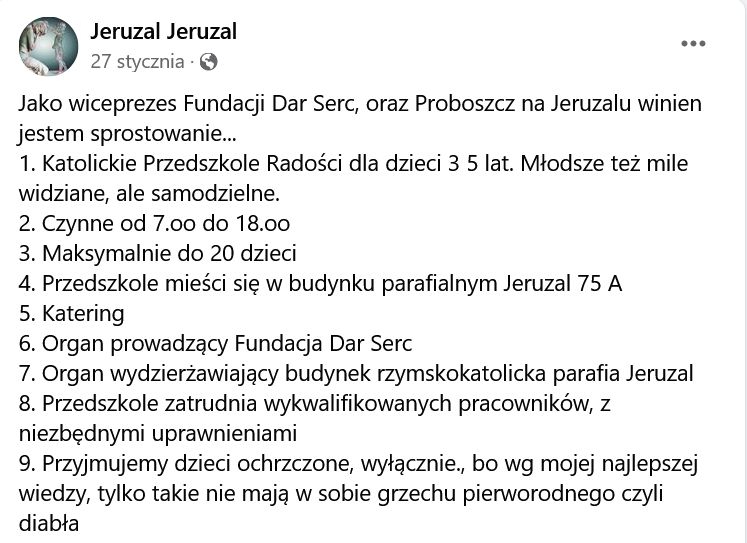 Informacje publikowane na profilu "Jeruzal Jeruzal"