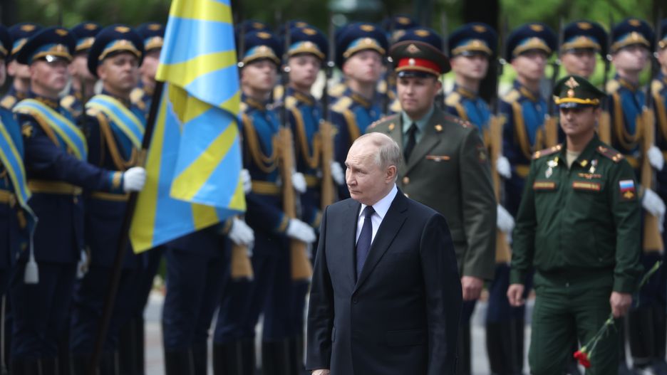MOSCOW, RUSSIA - JUNE 22 (RUSSIA OUT) Russian President Vladimir Putin (C) looks at Russian Army's officers during a wreath laying ceremony at the Unknown Soldiers's Tomb near the Kremlin, marking the Day of Remembrance and Sorrow, on June 22, 2024, in Moscow, Russia. Russians and Belarusians mark  June 22nd as the anniversary of Nazi Germanys invasion of USSR in 1941. (Photo by Contributor/Getty Images)
