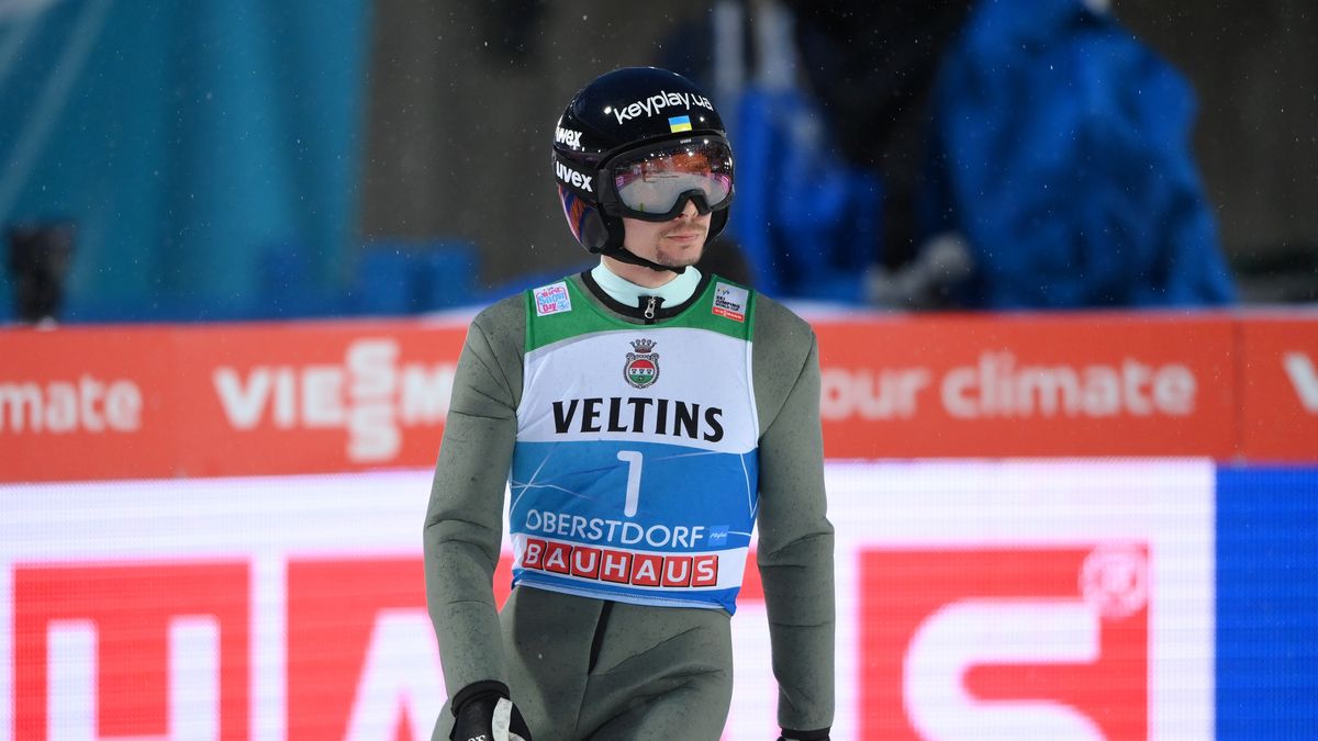 OBERSTDORF, GERMANY - DECEMBER 28: Vitaliy Kalinichenko of Ukraine looks on after his jump in the Qualification Run at the Four Hills Tournament Men Oberstdorf at Schattenberg on December 28, 2021 in Oberstdorf, Germany.  (Photo by Sebastian Widmann/Getty Images)