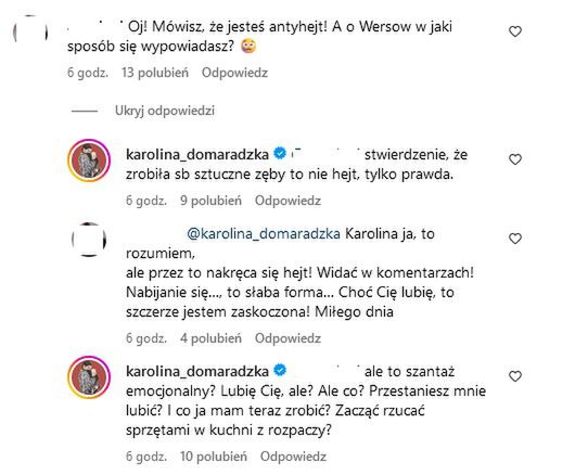 Komentarze pod postem Karoliny Domaradzkiej