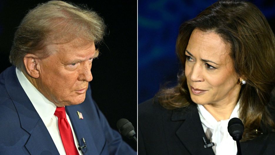 Debata prezydencka Harris - Trump
TOPSHOT - (COMBO) This combination of pictures created on September 10, 2024 shows former US President and Republican presidential candidate Donald Trump (L) and US Vice President and Democratic presidential candidate Kamala Harris  participating in a presidential debate at the National Constitution Center in Philadelphia, Pennsylvania, on September 10, 2024. 

US Vice President and Democratic presidential candidate Kamala Harris speaks during a presidential debate with former US President and Republican presidential candidate Donald Trump at the National Constitution Center in Philadelphia, Pennsylvania, on September 10, 2024. (Photo by SAUL LOEB / AFP)
SAUL LOEB