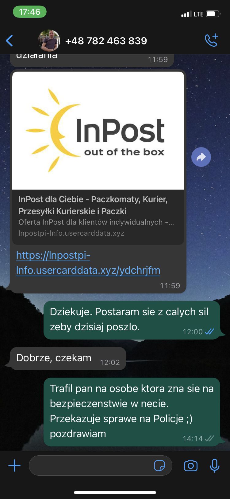 Przykładowe oszustwo na WhatsAppie