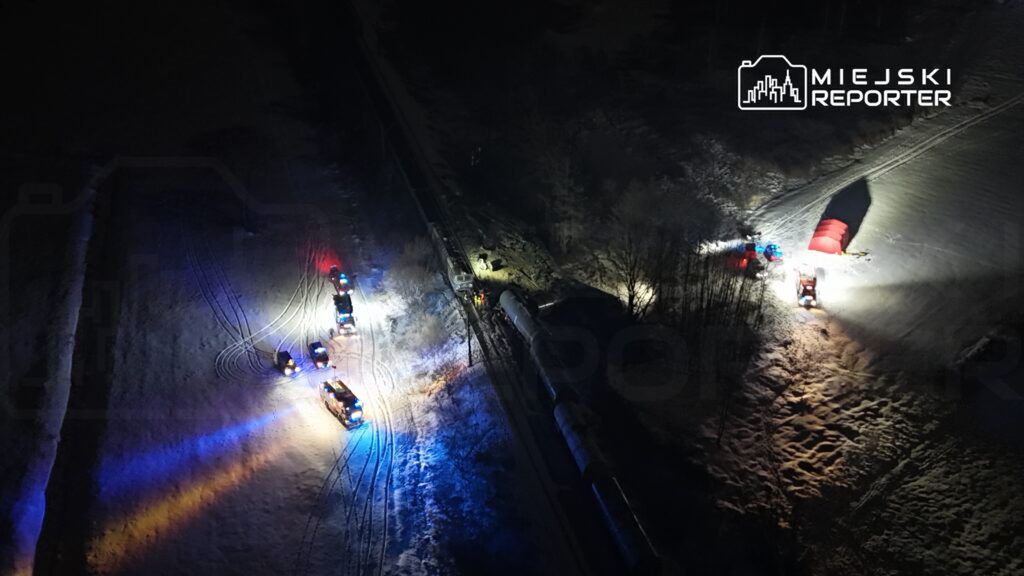 Grupa pojazdów ratunkowych z włączonymi sygnalizatorami działa w zaśnieżonym terenie obok torów kolejowych.