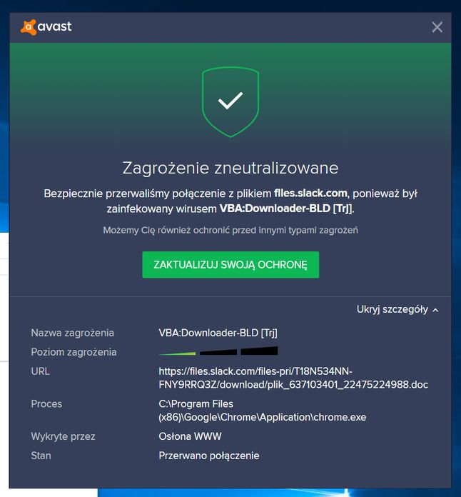 Avast free antivirus zablokował pobieranie szkodliwego dokumentu