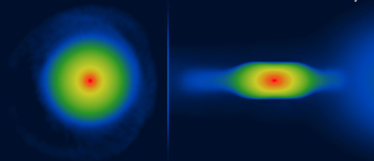 A simulated young planet viewed from above (on the left) and from the side (on the right)
