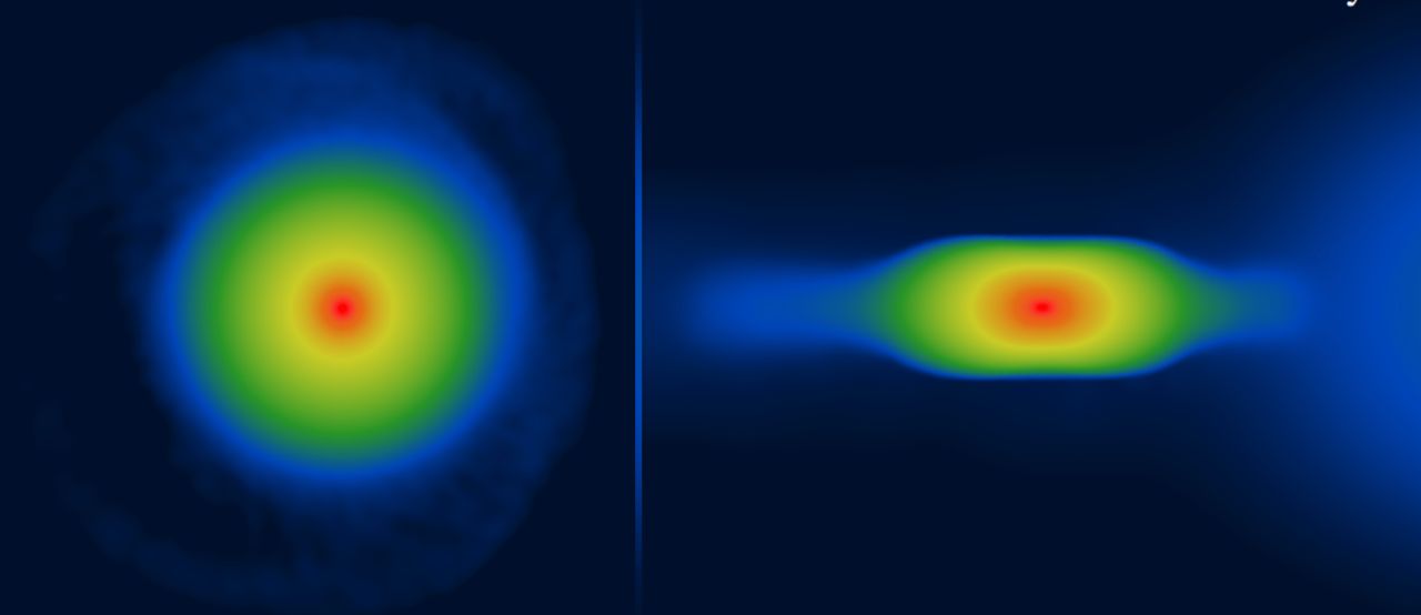 Simulación de un planeta joven visto desde arriba (izquierda) y desde un lado (derecha)