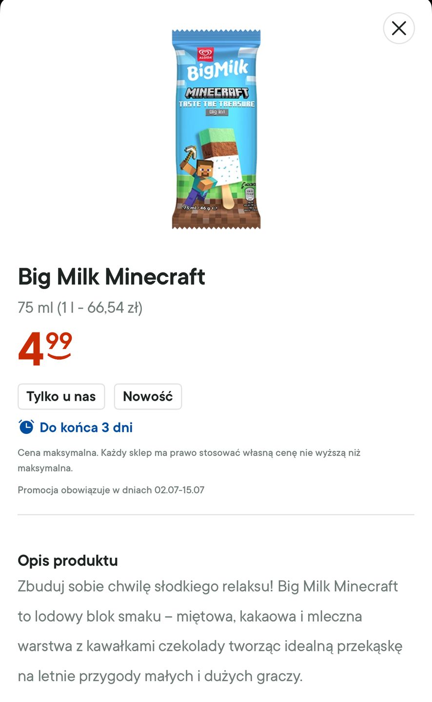 Lody Big Milk Minecraft w Żabce