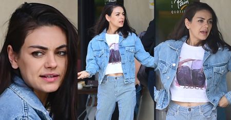Ekspresyjna Mila Kunis odsłania pępek w kusej koszulce