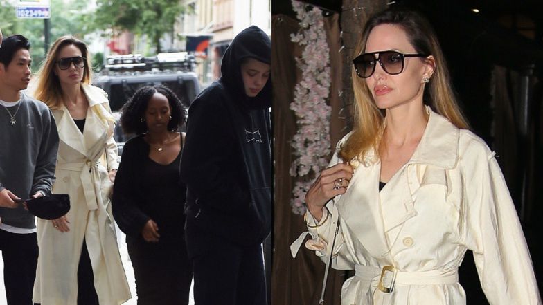 Angelina Jolie OLŚNIEWA w eleganckim płaszczu, opuszczając jedną z nowojorskich restauracji. Towarzyszyły jej dzieci (ZDJĘCIA)