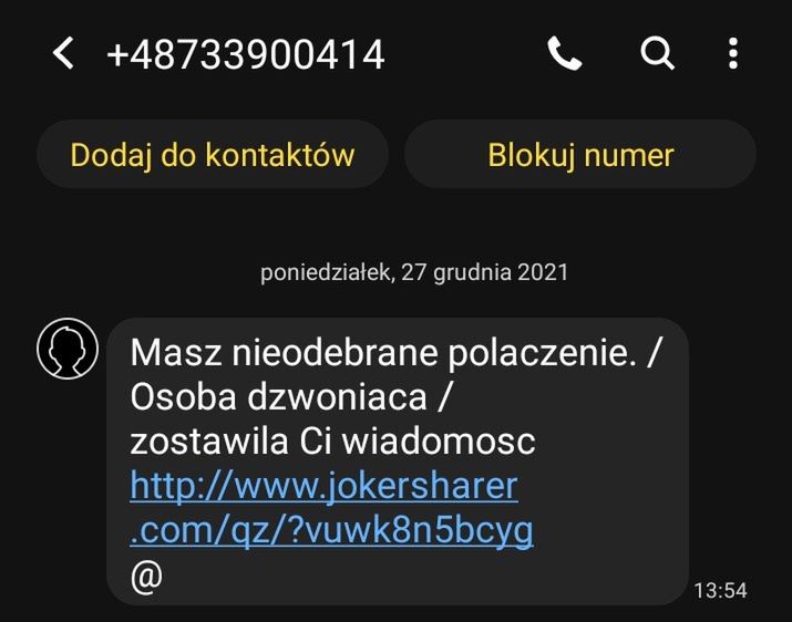 Fałszywy SMS o nieodebranym połączeniu