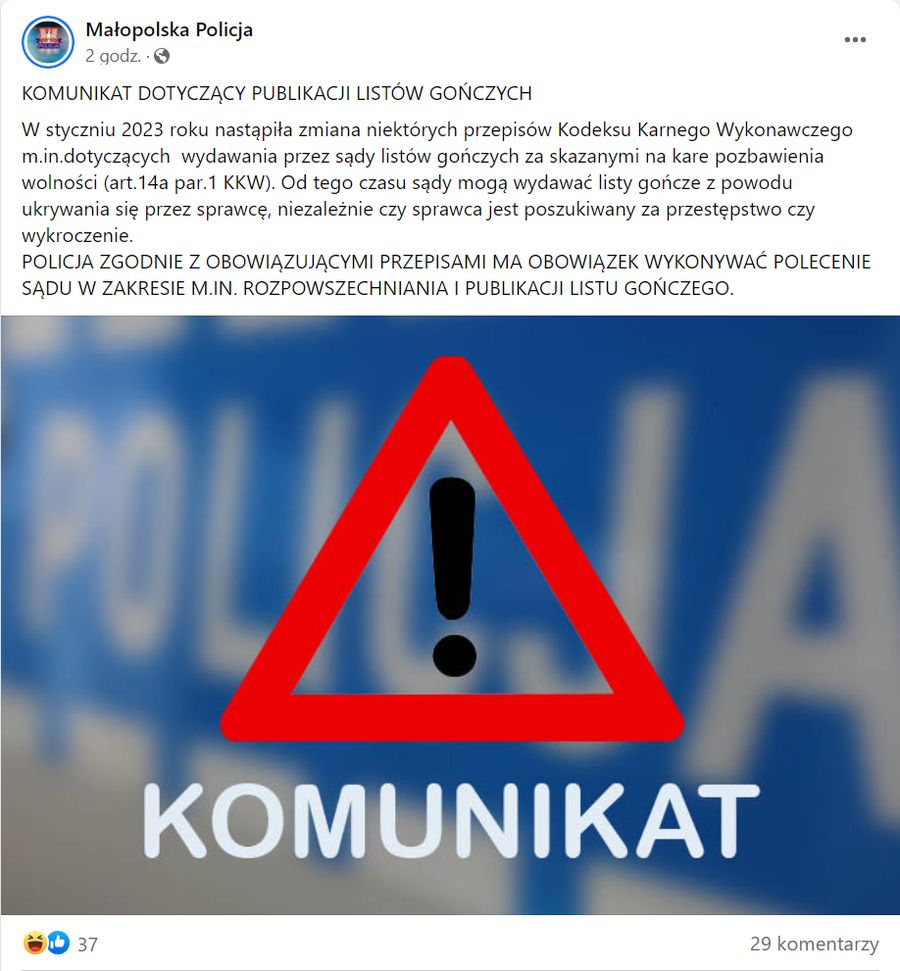 Komunikat policji dot. listów gończych