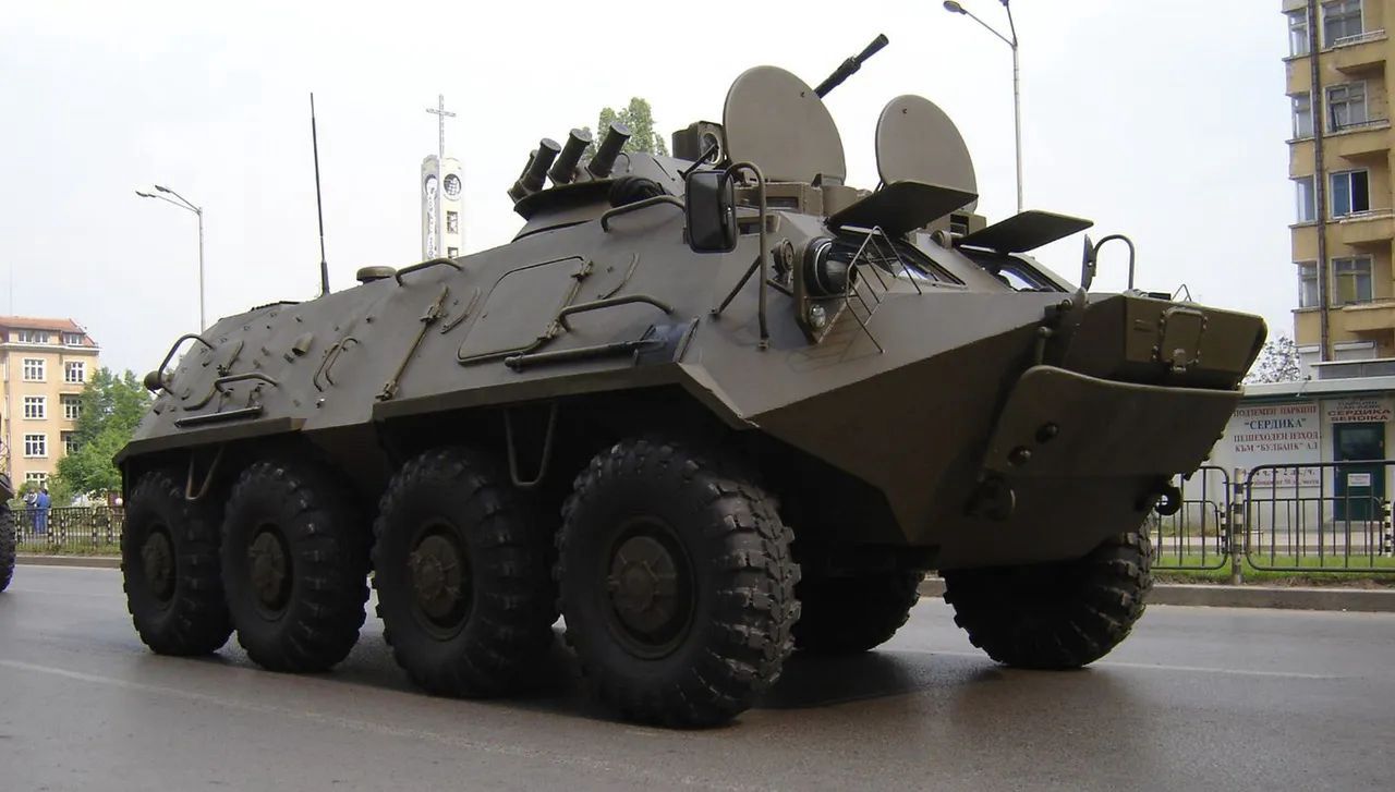 The armored transporter BTR-60 at a parade in Bulgaria.