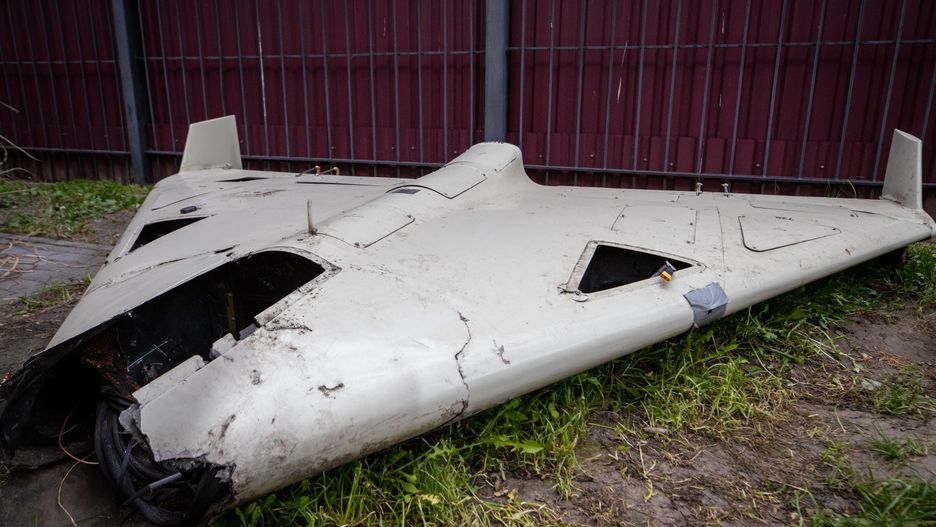 KYIV, UKRAINE – MAY 12: Remain of Shahed 136 at an exhibition showing remains of missiles and drones that Russia used to attack Kyiv on May 12, 2023 in Kyiv,  Ukraine. Fragments of various types of weapons are currently being studied at the Kyiv Scientific Research Institute of Forensic Expertise. The institute submits the results to the International Criminal Court. Separate groups of foreign specialists work here together with Ukrainian experts. (Photo by Oleksii Samsonov /Global Images Ukraine via Getty Images)