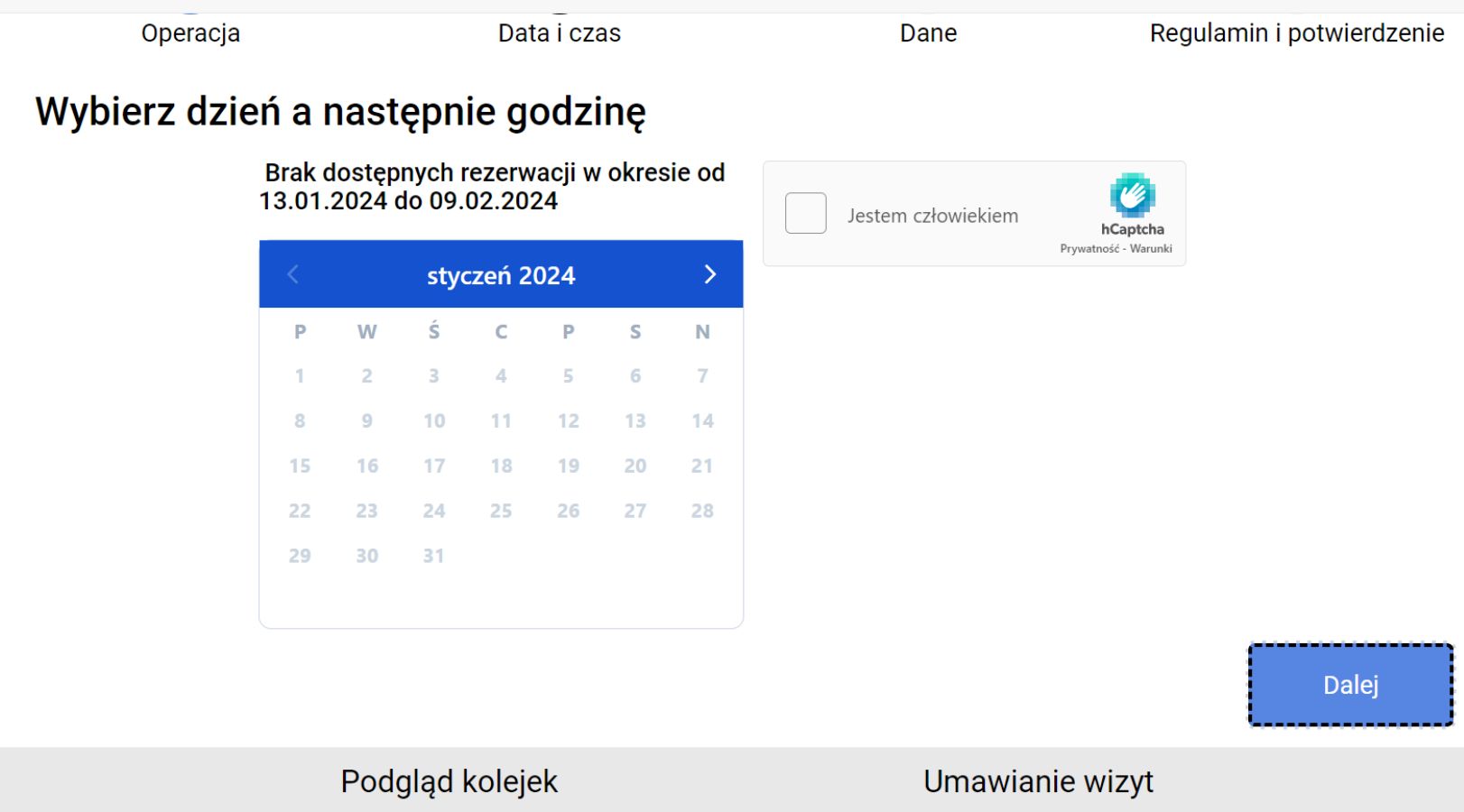 Brak dostępnych rezerwacji (zrzut ekranu)
