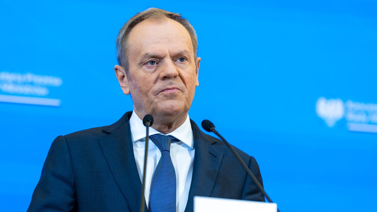 Prime Minister of Poland Donald Tusk is making a statement to the press after a meeting with the President of the European Parliament Roberta Metsola in Warsaw, Poland, on February 15, 2024. (Photo by Andrzej Iwanczuk/NurPhoto via Getty Images)
