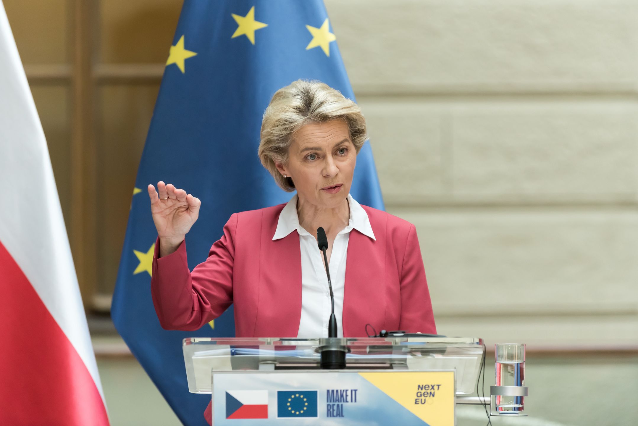 PRAGUE, CZECH REPUBLIC - 2021/07/19: European Commission President Ursula von der Leyen speaks during press conference related to the presentation of Recovery and Resilience Facility. (Photo by Tomas Tkacik/SOPA Images/LightRocket via Getty Images)