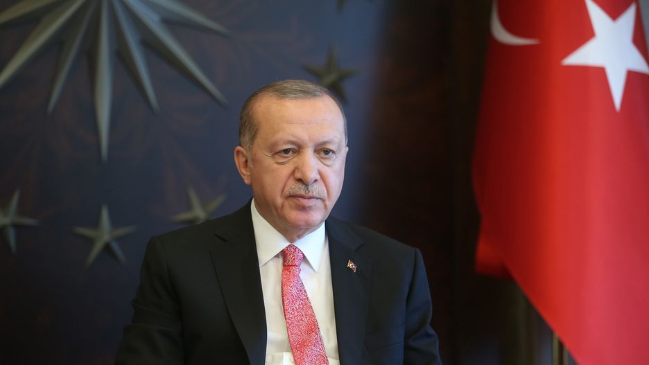 ISTANBUL, TURKEY - MAY 11: Turkish President Recep Tayyip Erdogan chairs the Cabinet Meeting via video conference call in Istanbul, Turkey on May 11, 2020. (Photo by Mustafa Kamaci/Anadolu Agency via Getty Images)