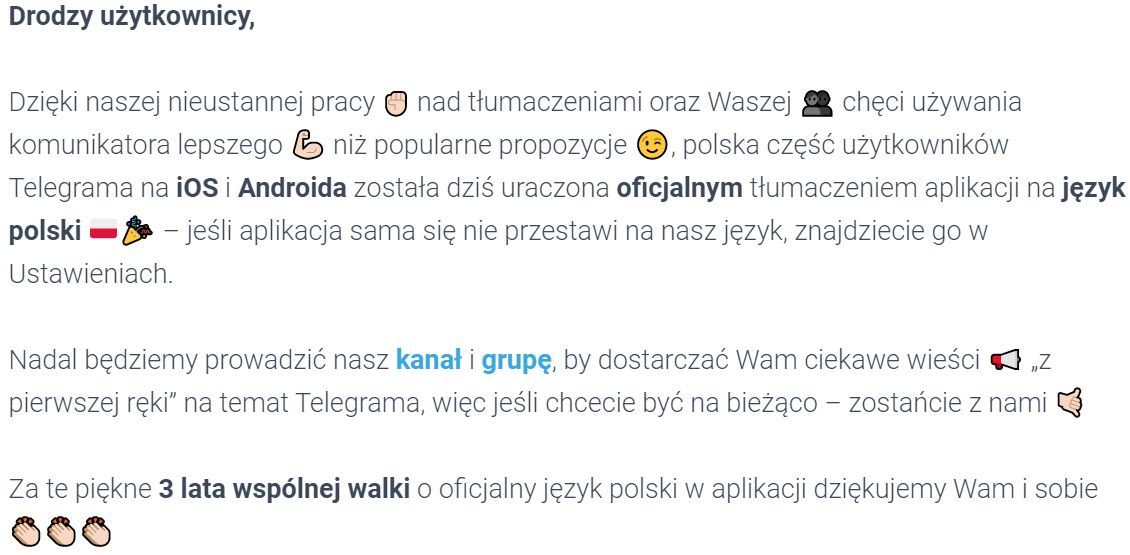 Komunikat o wprowadzeniu polskiej wersji Telegramu (via telegram.com.pl), fot. Jakub Krawczyński